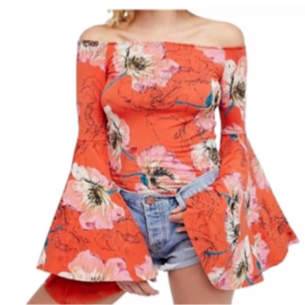 We the Free Birds of Paradise Off the Should Floral Bell Sleeves Boho Top Blouse